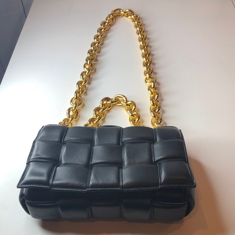 Bottega Veneta Small Chain Cassette Black Intrecciato Leather Gold Chain